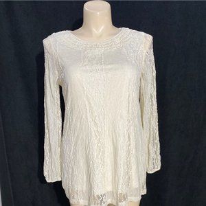 Krazy Kat‎ L Top Blouse Ivory Cream Romantic Pretty Lace Overlay Smocked Neck